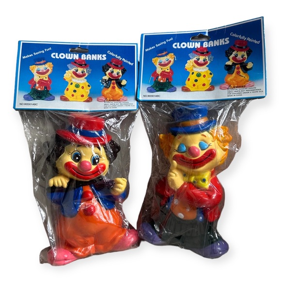 Vintage New In Package Set Of Two Plastic Clown Piggy Banks Clown Tirelire - Picture 7 of 11